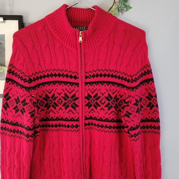 Lauren Ralph Lauren Bead Snowflake Cable Knit Full Zip Cardigan Sweater PM - Picture 3 of 11